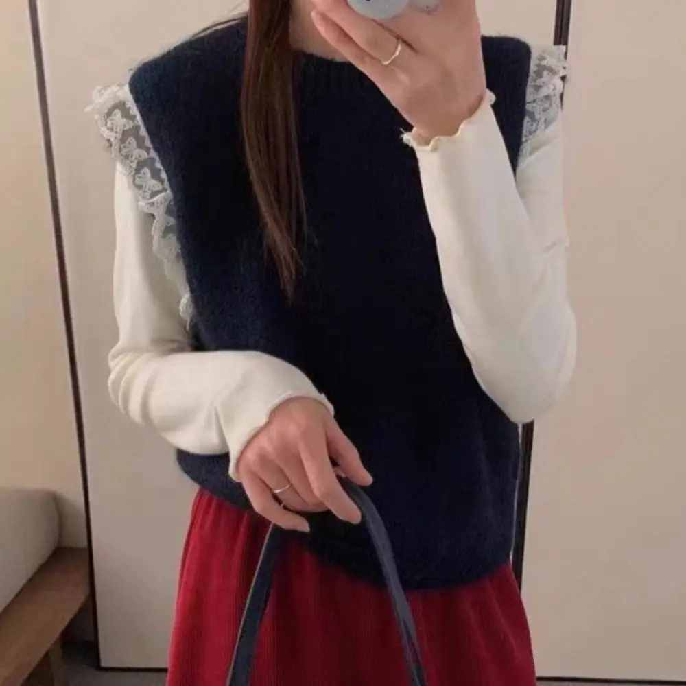 Fashion Round Neck Lace Sleeveless Sweater Pullover Korean Style Knitwear Women Solid Color Sweet Knitted Waistcoat Top Girls