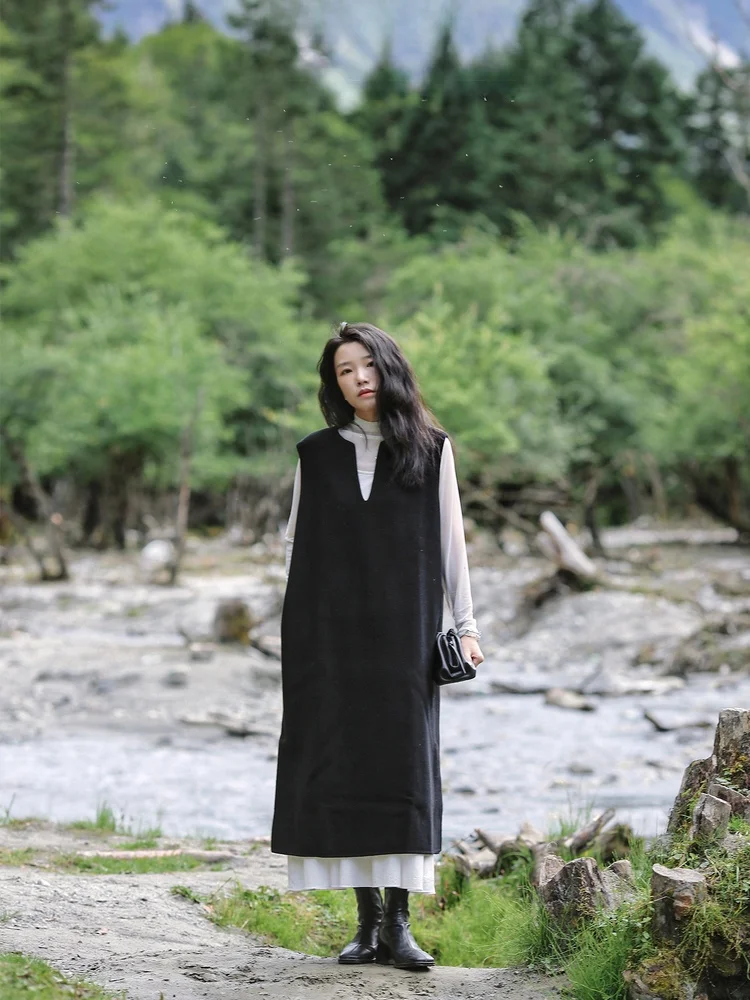 

Свободный крой, двусторонний шерстяной жилет с длинными рукавами для женщин, черный, в стиле Lazy Vest, зимний/осенний, высококачественная модная верхняя одежда