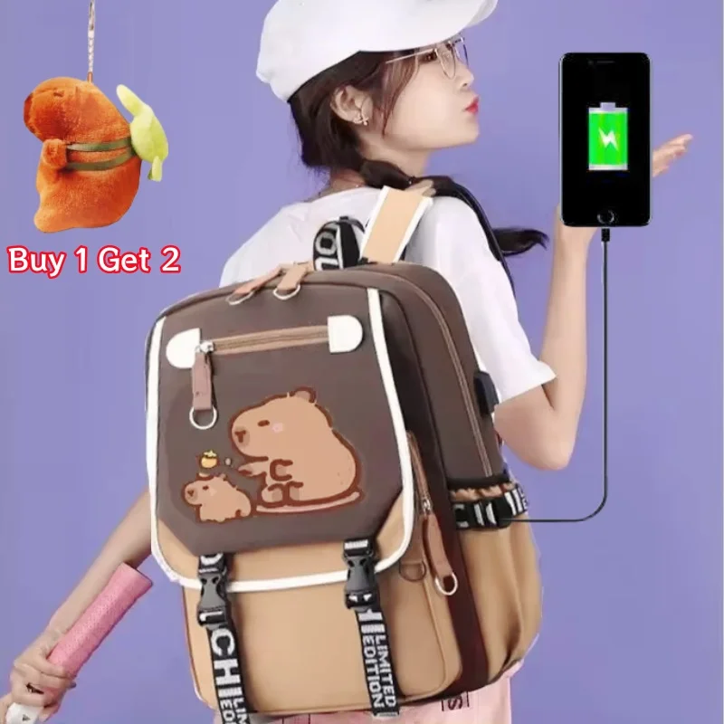 Cute Capybara Schoolbag Large Capacity Adjustable Strap Multifunctional Schoolbag Waterproof Student Computer Bag Free Pendant