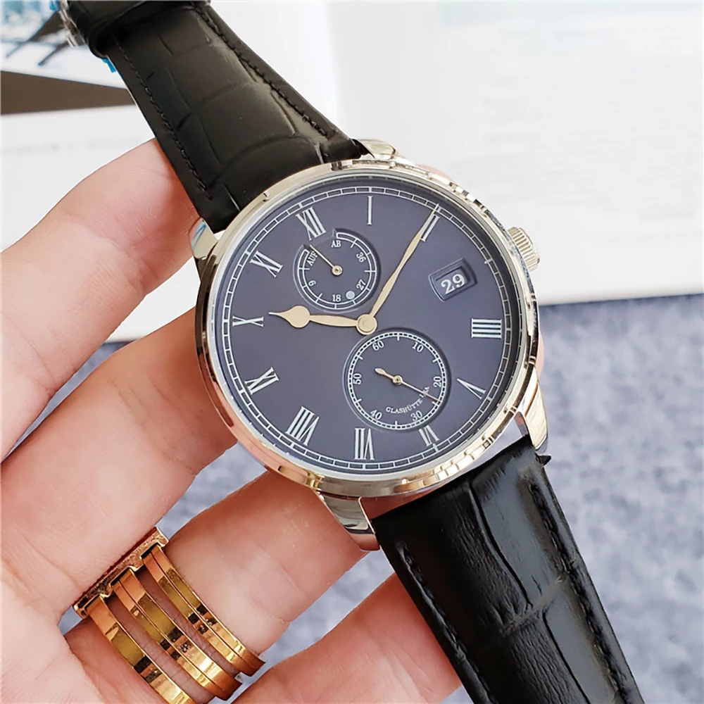 

Automatic winding mechanical stainless steel black brown blue leather strap multi-functional business casual men's watch