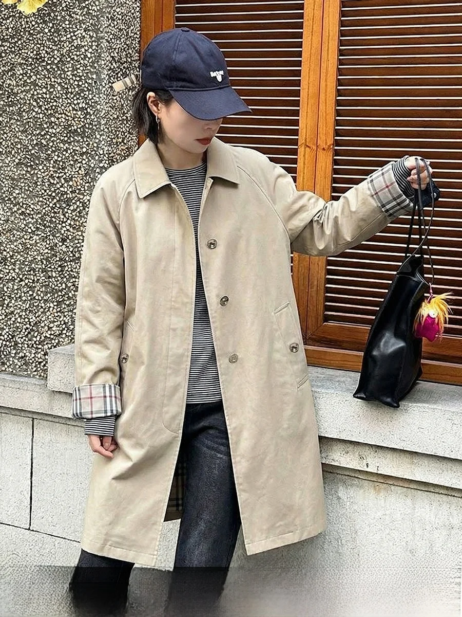 

Khaki Color Women's Casual Shirt Collar Coat Spring New Style Beige Plaid Splicing Medium Length Jacket Single Button Closure