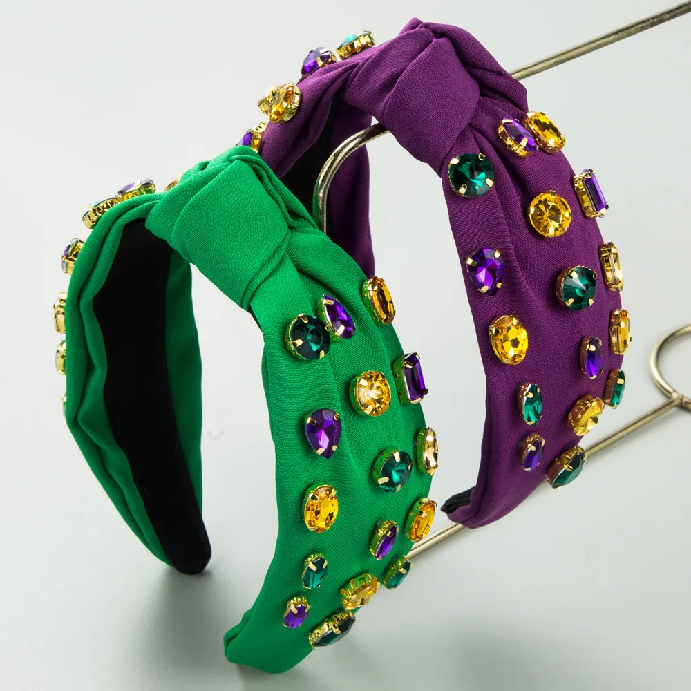 

European and American New Rhinestone Wide Brim Hair Band Colored Gem Full Diamond Knotted Headband