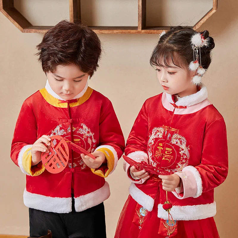 

Chinese Traditional Clothing For Kids Boys Girls Tang Suit Hanfu Chinese New Year Outfit Red Velvet Coat Winter 2Pieces Pink Red