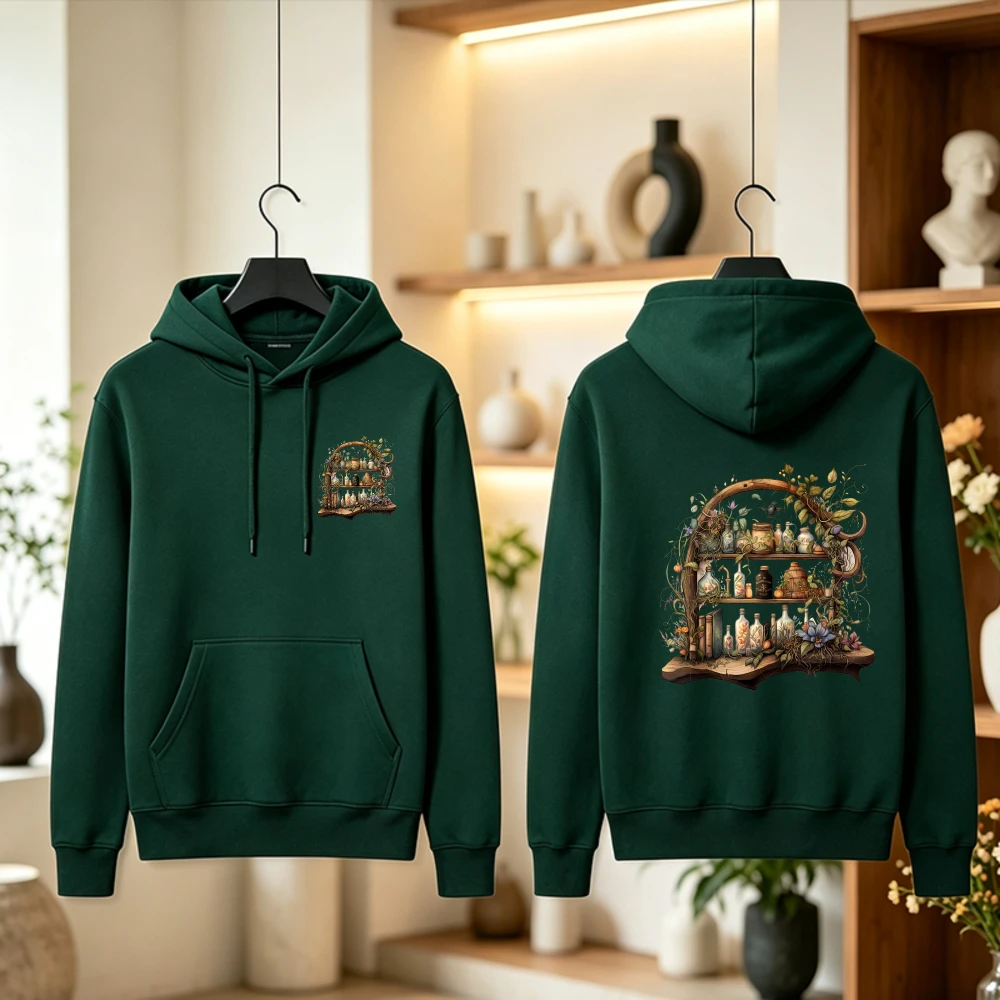 Apothecary Hoodie Pink Potion Shelf Witchy Magic Bottles Mushroom Graphic Pullover Cozy Unisex Women Fall Winter Aesthetic Top