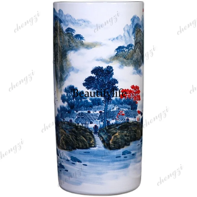 Ceramic hand-painted floor quiver large vase Chinese study living room painting cylinder scroll ornament