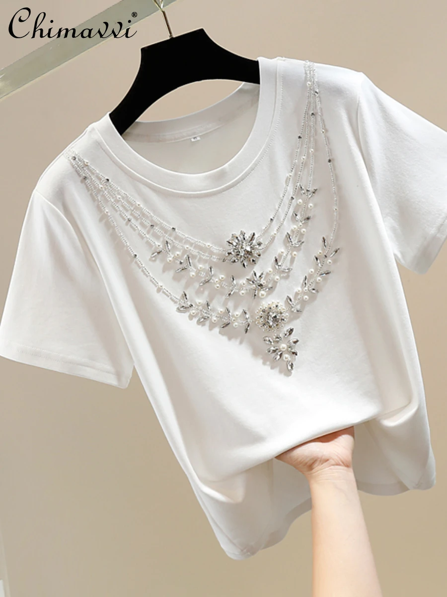 

Heavy Beads Diamond Design Round Neck Pullover Short Sleeve T-shirt Female 2024 Summer New Fashion Elegant All-Match Women Top