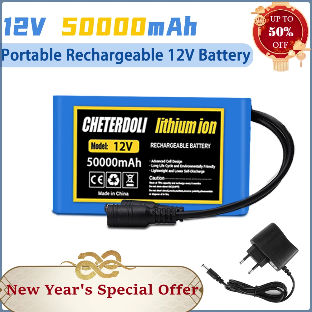 

Aleaivy NEW Portable Super 12V 50000mAh Rechargeable Lithium Ion Battery Pack Capacity DC 12.6v 50Ah CCTV Cam Monitor + Charger