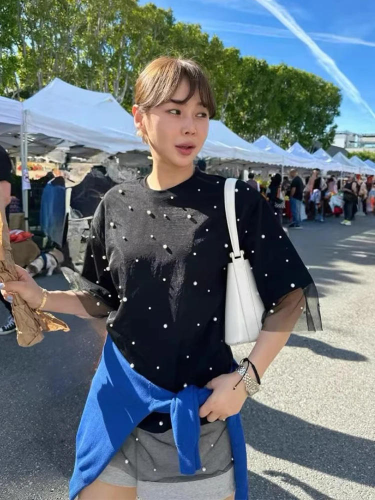 

Liangliang Design Beaded Embellied Me Cover up Women's Summer Loose Pure Cotton T-irt Two Piece Set Faionable Casual ...