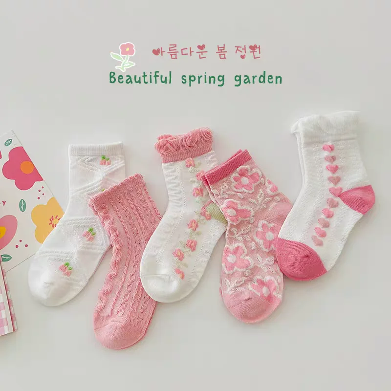

Cotton Solid Kids Pink Girls 5 Pairs Socks Spring Flowers Heart Cute Comfortable Sweet Princess Half Socks For Child Girls