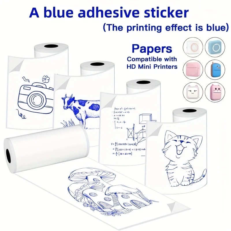 

6 Rolls Blue PVC Sticker Paper - Waterproof Self-Adhesive Inkless Labels for Mini Printers, Notes/Work/Photos/Memos