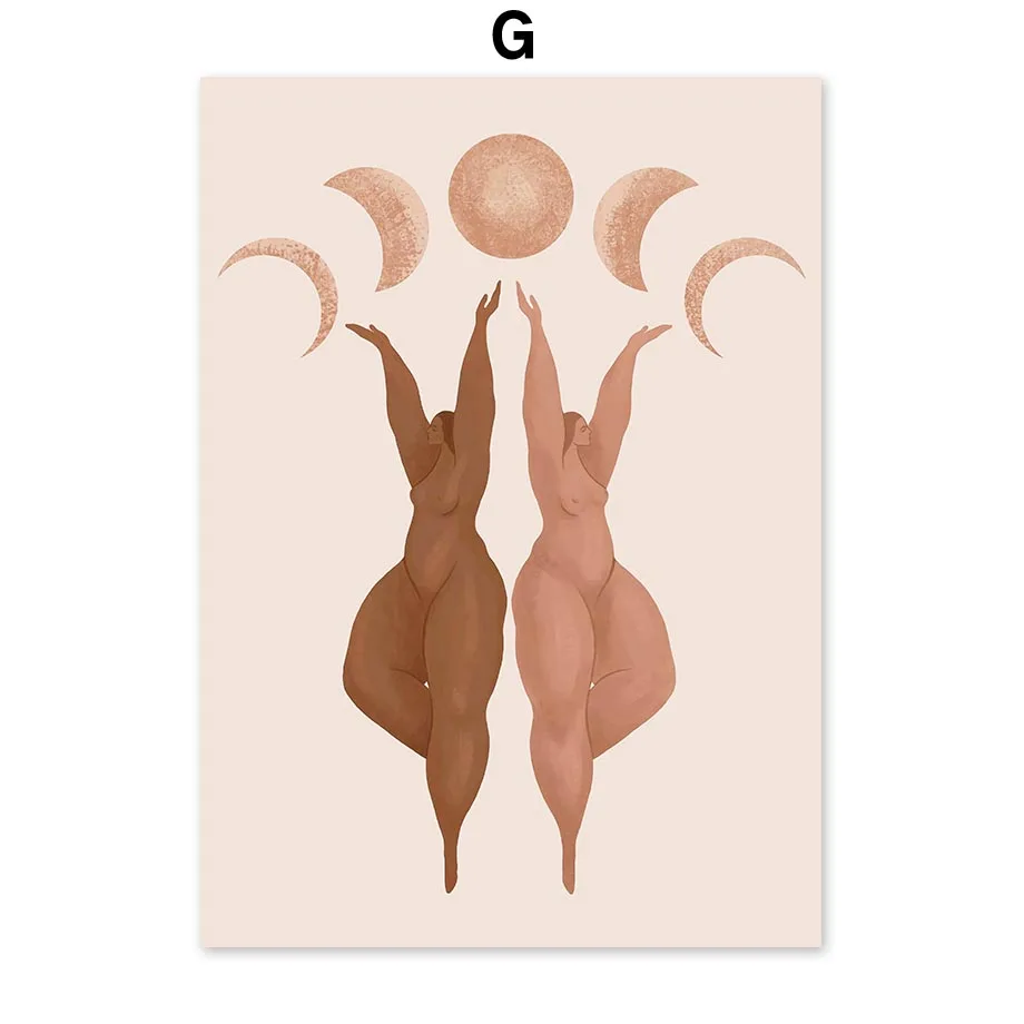 Neutral Boho Wall Art Prints Sun Moon Phase Abstract Face Line Art Posters Minimalist Geometric Female Body Living Room Decor