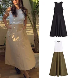 Women's Pocket Splicing Midi Dress Elegant Sleeveless O-Neck Retro Dress Women's Casual Slim Streetwear New  2024 Summer