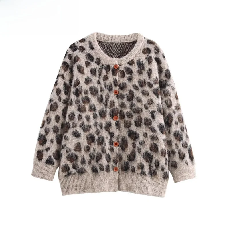 

Autumn New plus Size Women's Knitted Cardigan Leopard Print Casual Versatile Street Sle Polyester Fiber Long Sve Regular...