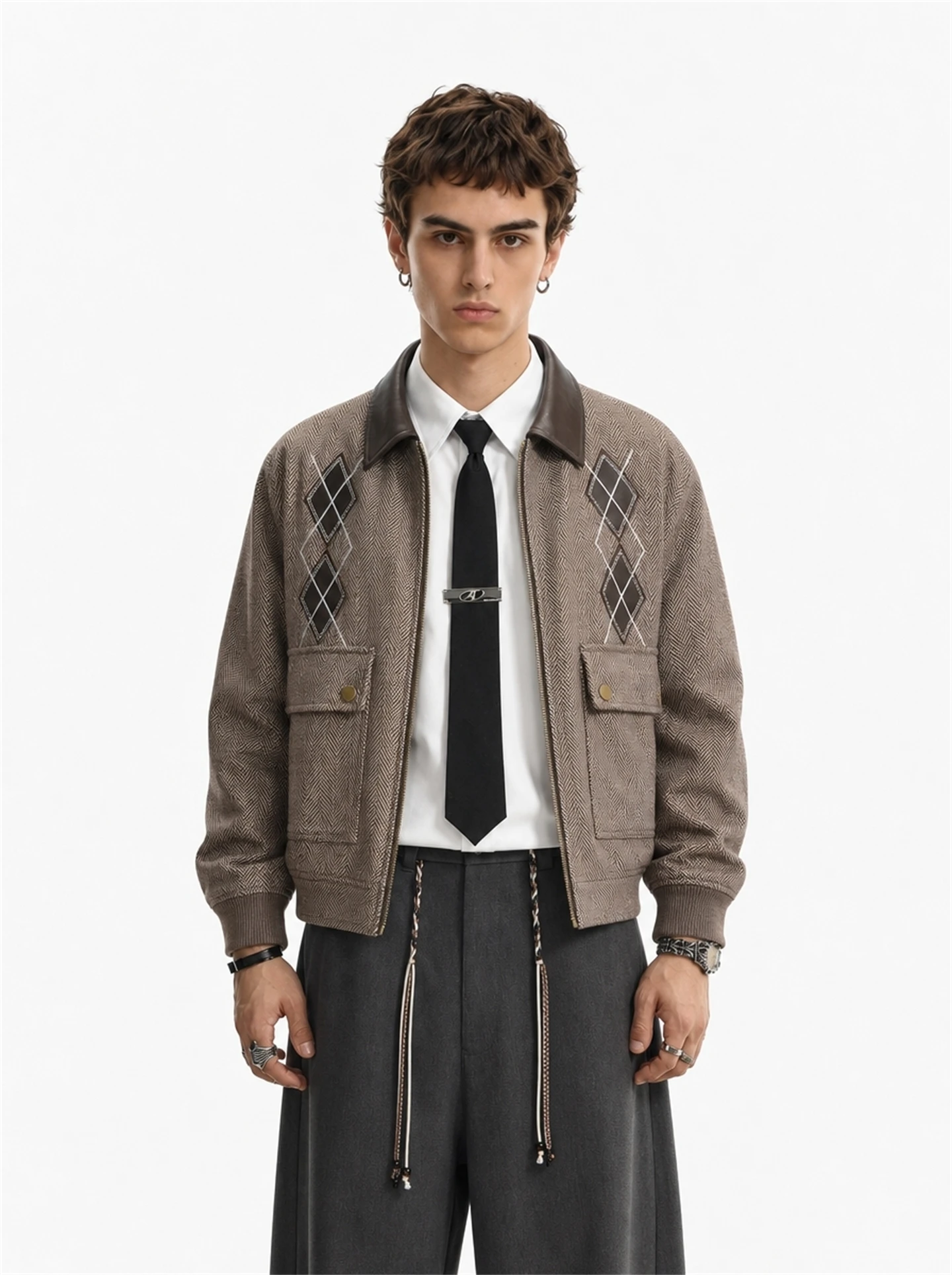 American Retro Diamond Patchwork Design Loose Casual Jacket for Men Autumn New Style College Style Outerwear