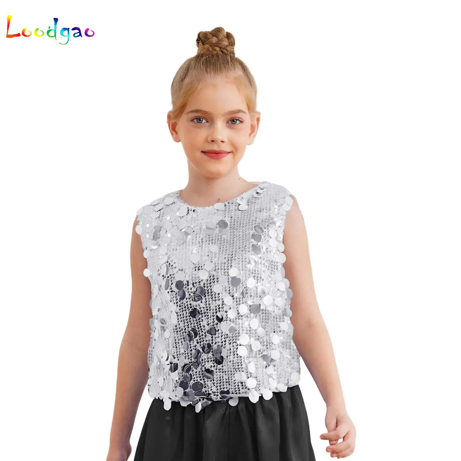 

Kids Girls Sparkling Sequin Vest Tank Top Cheerleading Jazz Dance Vest Sleeveless Crop Top for Girl Hip Hop Stage Performance