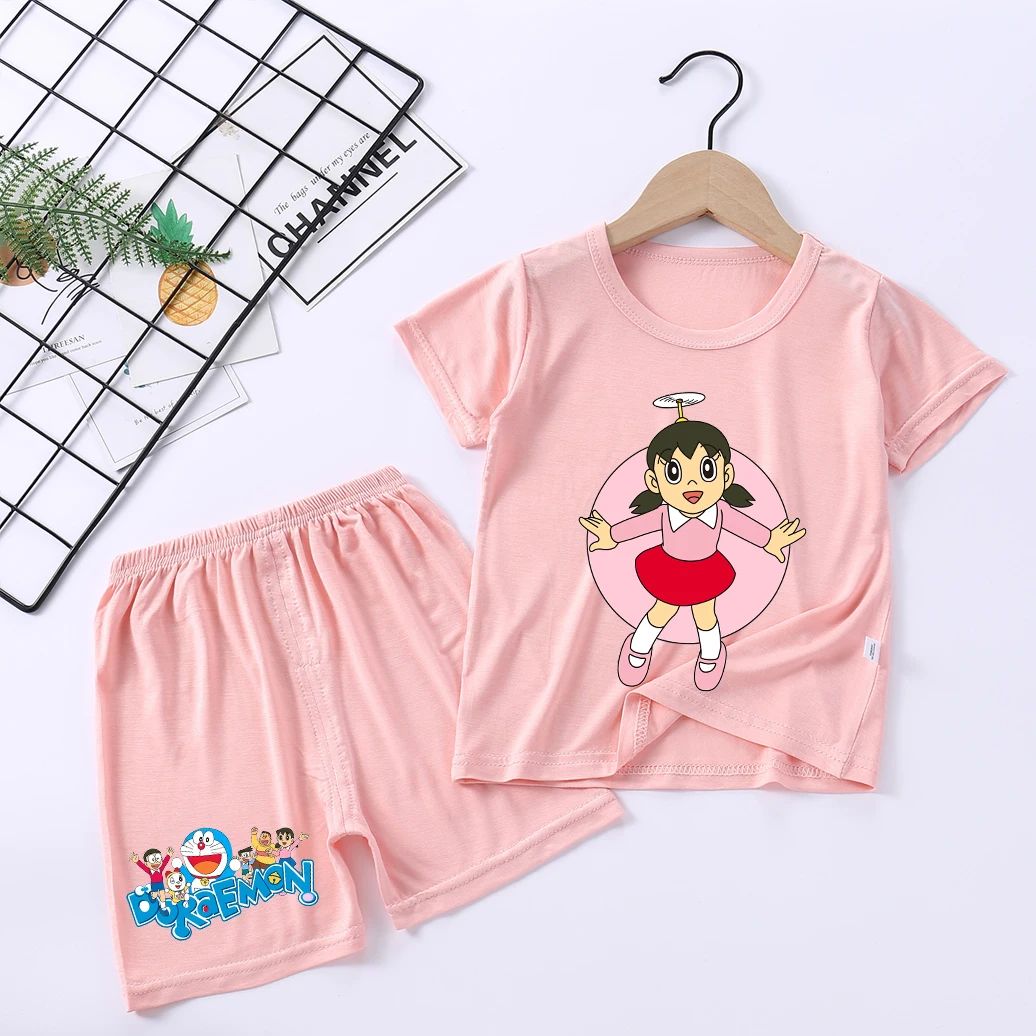 Doraemons Children Pajamas Set Boy Girl Short-sleeved Clothes Pants Suit Baby Summer Thin Nightgown Air Conditioning T Shirt