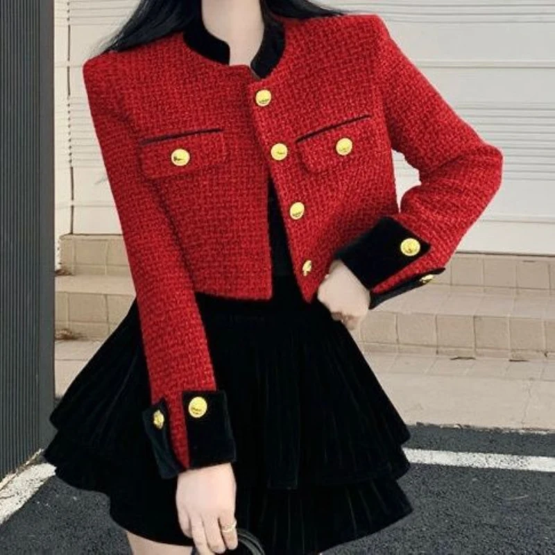 

EAEOVNI Chic Tweed Short Coat for Women, Single Breasted Cardigan, Long Sleeve Top, Street Casual Jacket, Vintage Fashion