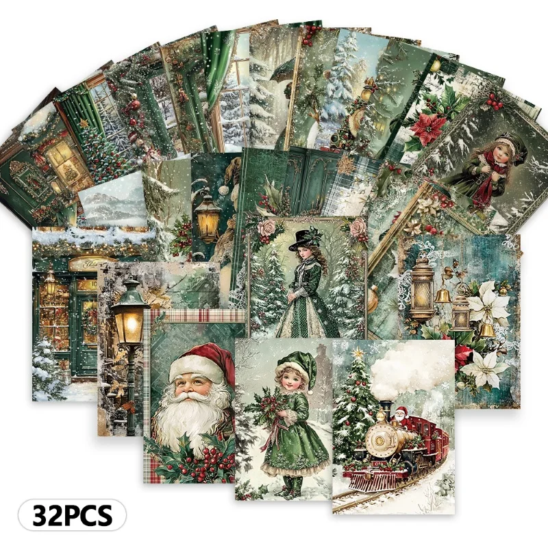32 Green vintage Christmas Postcards with Winter Scenery, Birthday Gift, Living Room Decoration Commemorative Card