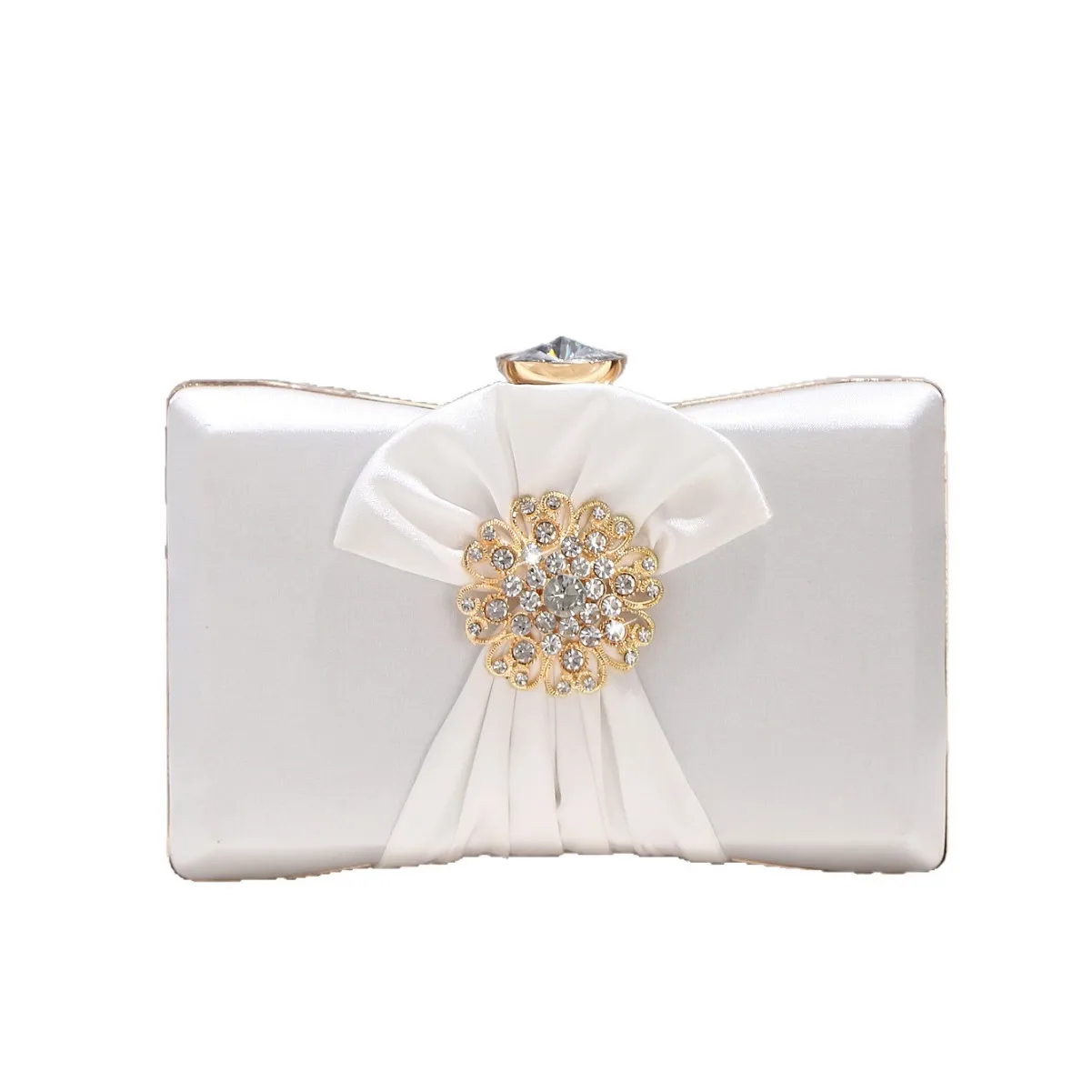 

White Satin Evening Clutch with Rhinestone Flower & Bow Detail - Elegant Crystal-Embellished Handbag for Women Party & Gala Bag