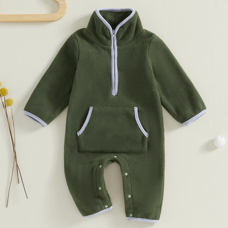 Lioraitiin 0-12M Autumn Winter Baby Boys Fleece Romper Long Sleeve Stand Collar Pockets Plush Overalls Jumpsuits with Zipper