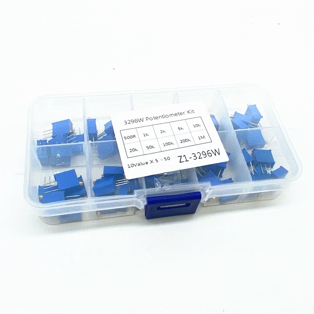 50pcs/lot 3296W Series 500R 1K 2K 5K 10K 20K 50K 100K 200K 1M Multi-turn Potentiometer 10K Variable Resistors with Box Set