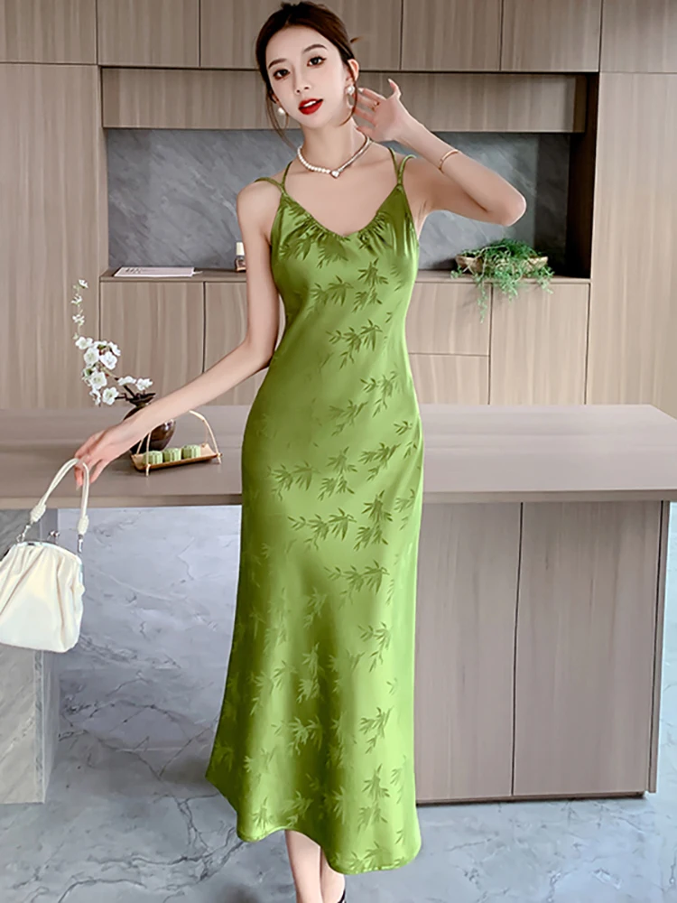 2024 New Green Print Chic Sling Luxury Long Dress Women Elegant Bodycon Dress Gown Summer Korean Fashion Festival Evening Dress