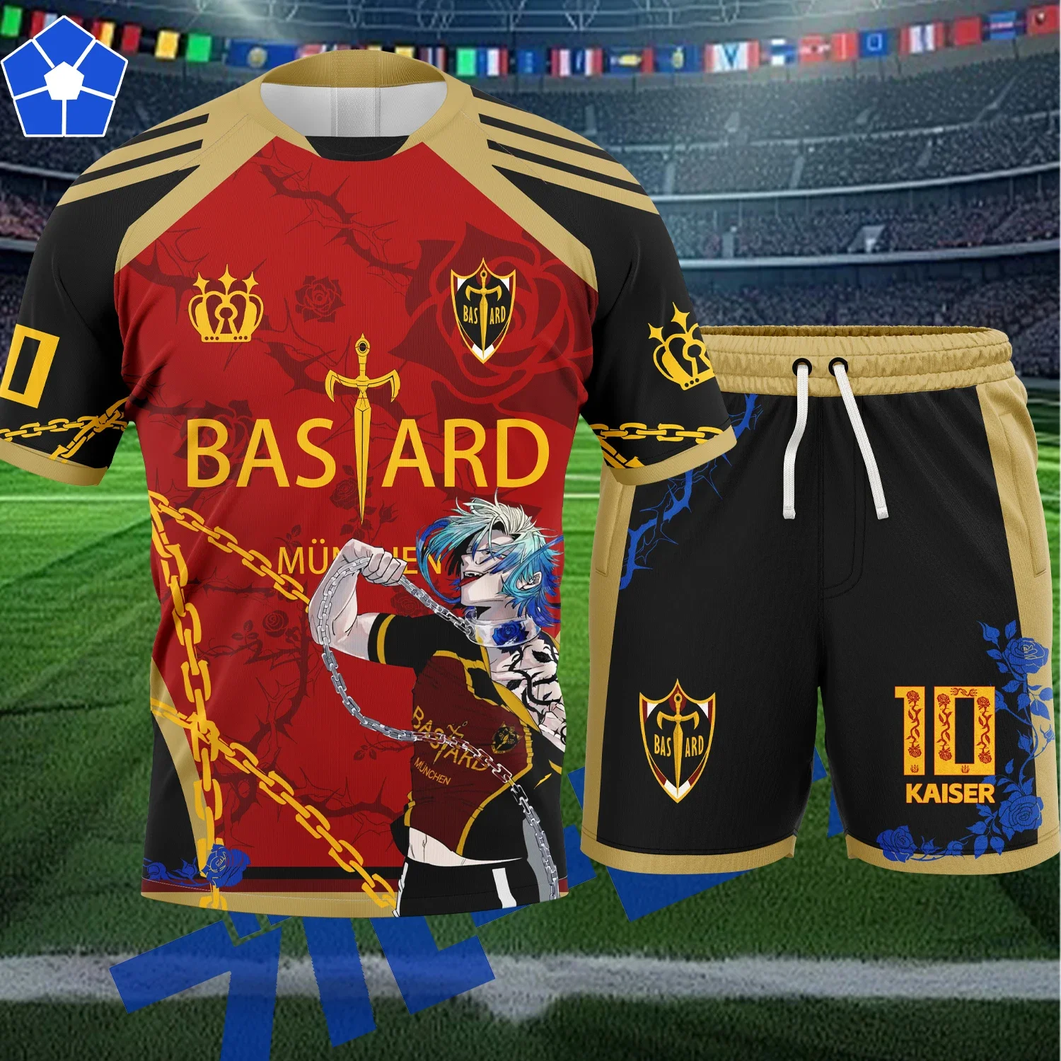 

Jersey Soccer Cosplay Michael Kaiser Soccer Pattern Replika Blue Lock Bastard Munchen Anime Men's T-Shirt Shorts Set Fashion Men