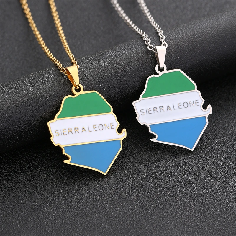 New Stainless Steel Sierra Leone Map Flag Pendant Necklaces Silver Color/Gold Color Sierra Leone Jewelry Ethnic Patriotic Gifts