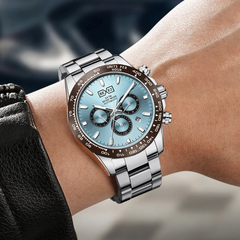 BEXEI 2025 アイスブルーダイヤル曜日、月、24 時間カレンダー表示ムーブメント機械式時計高級サファイア 5ATM 防水