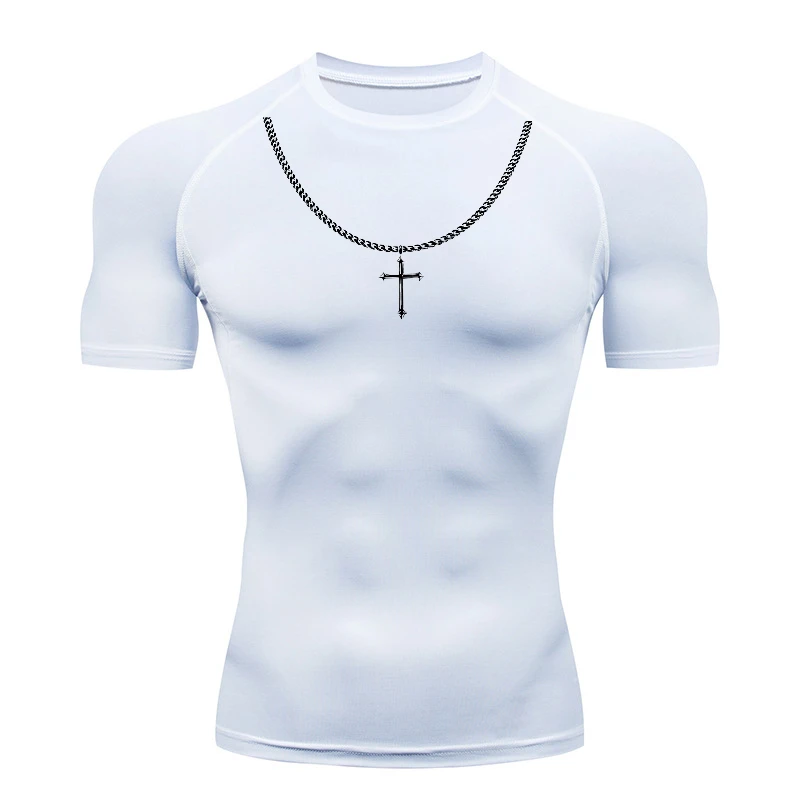 Cross Necklace Print Compression Shirt for Men Christian Athletic Tshirt Tees Tops Gym Workout Running Baselayers Undershirts