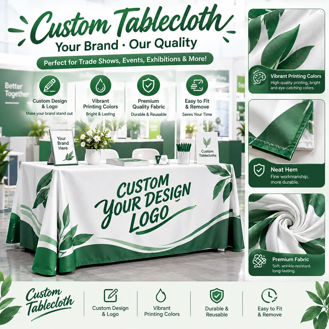 Custom Logo Tablecloth 4FT 5FT 6FT 8FT Polyester Cotton Table，Business, Wedding, Celebration, Anniversary