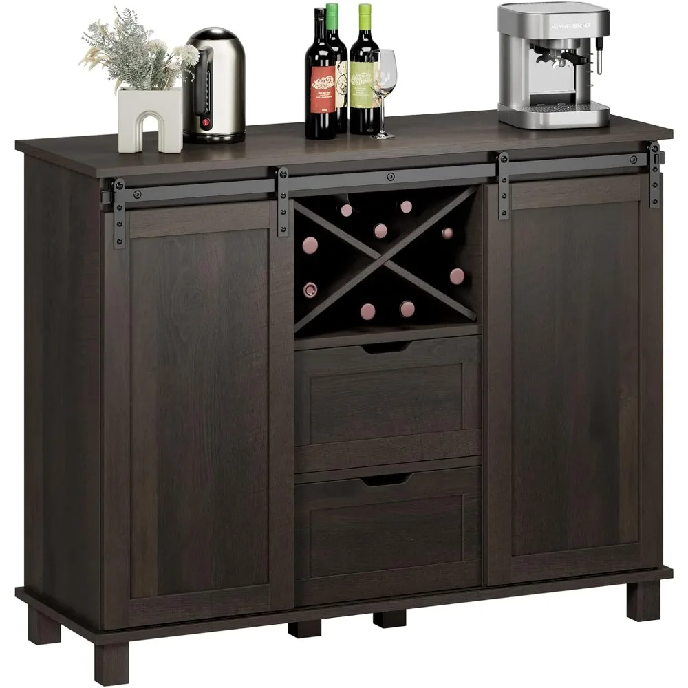 

Farmhouse Buffet Sideboard, Coffee Bar Cabinet with Storage, Liquor Wine Cabinet with Sliding Barn Doors, Dark Brown