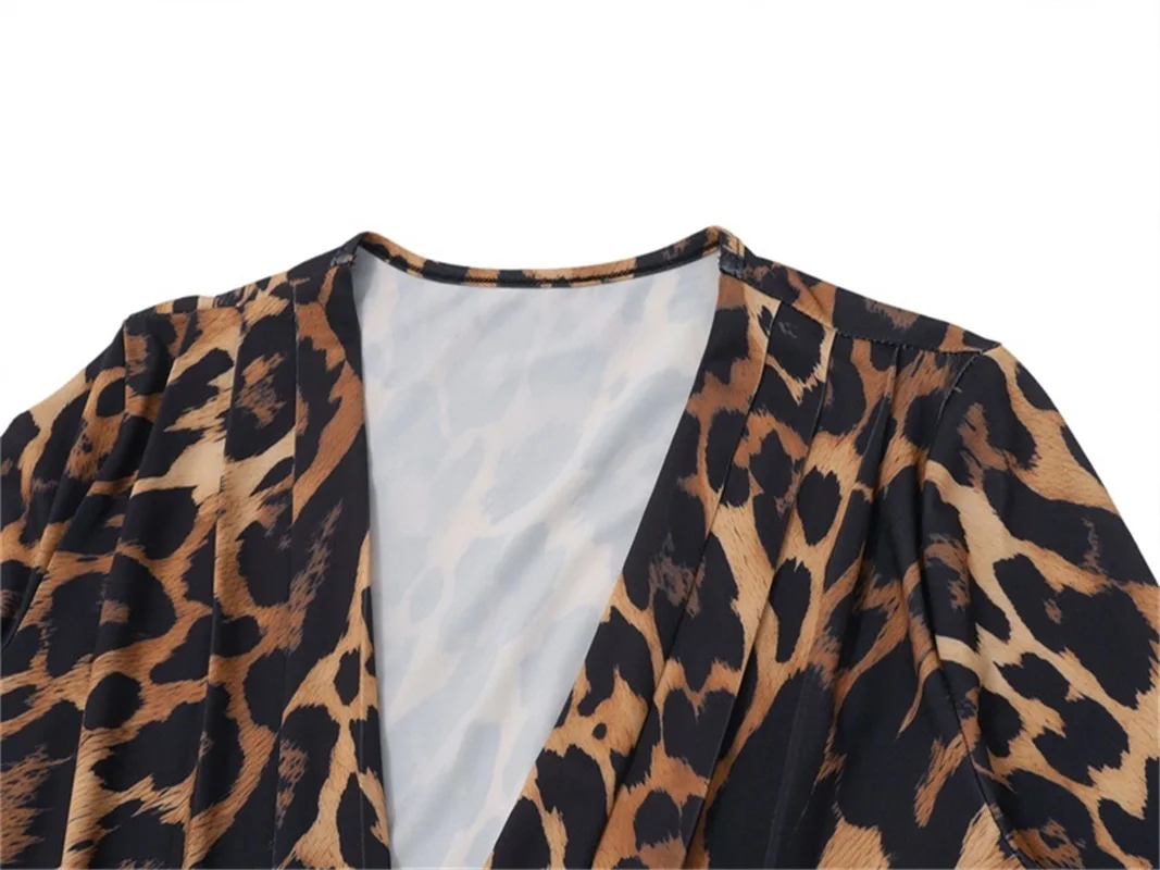 Leopard Print Strap Up Waist Women Prom Dress Ruffle Deep-V Neck Party Gown Long Sleeve Autumn Evening Dress New Design In Stock