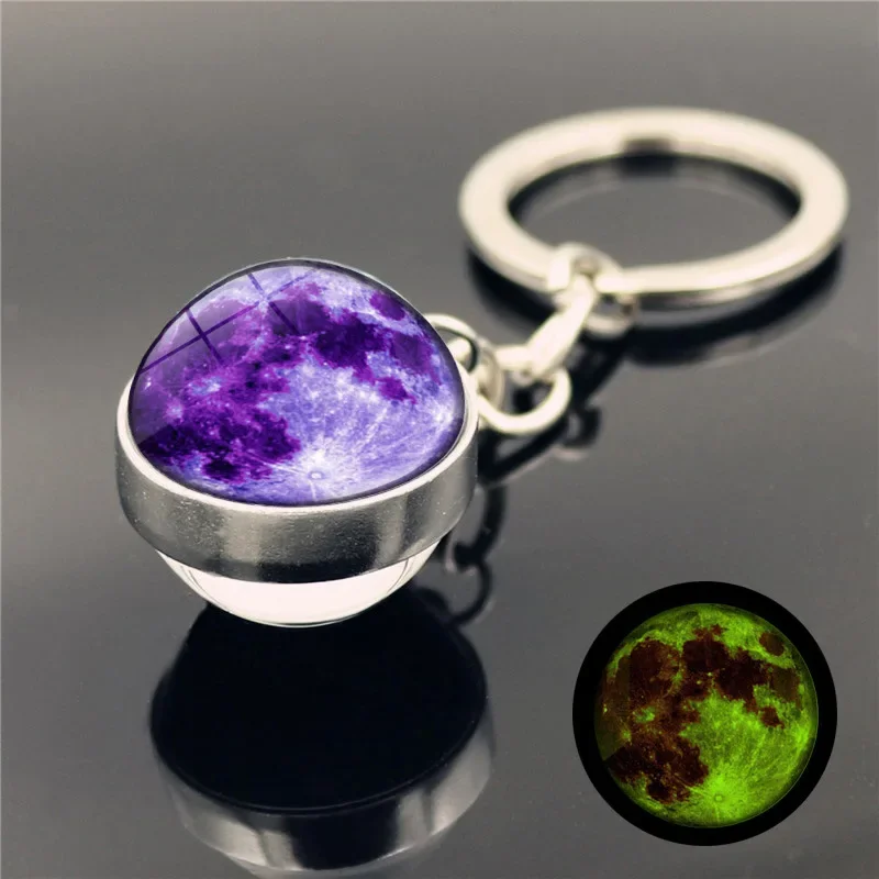 Vintage Glow In The Dark Moon Double Sided Glass Ball Key Ring Star Time Gem Pendant Luminous Keychain Fashion Jewelry for Women