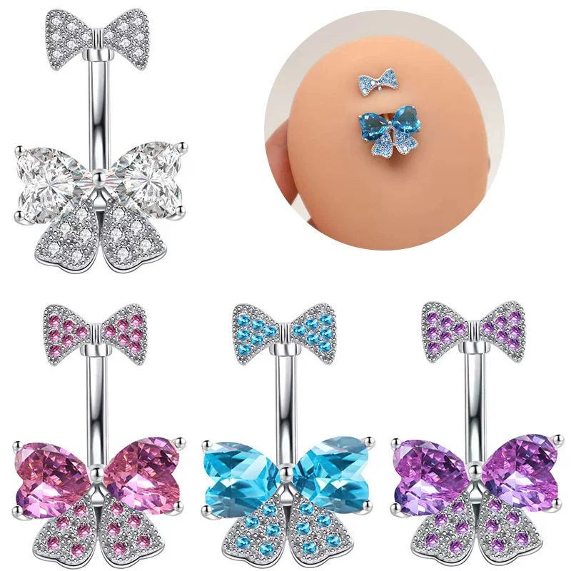 

EVISPOL 1pc Butterfly Belly Button Rings Stainless Steel Bowknot Navel Piercing Barbell Crystal Cute Belly Rings for Women Girls