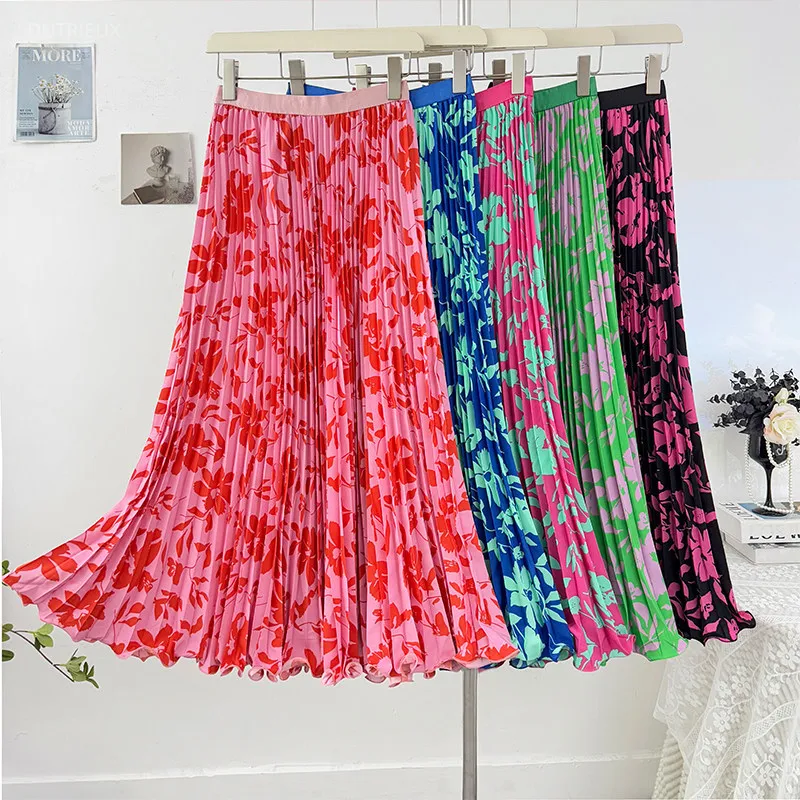 Print Floral Women Skirts A-line Elegant Spring Summer Retro Faldas Mujer Elegant Korean Fashion Versatile Long Skirt