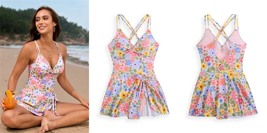 Damen-Badeanzug mit Blumenmuster, einteiliger Badeanzug, Twist-Front, V-Ausschnitt, doppelte Spaghettiträger, Bauchkontrolle, Badeanzug, Strand-Bademode – Detail 7