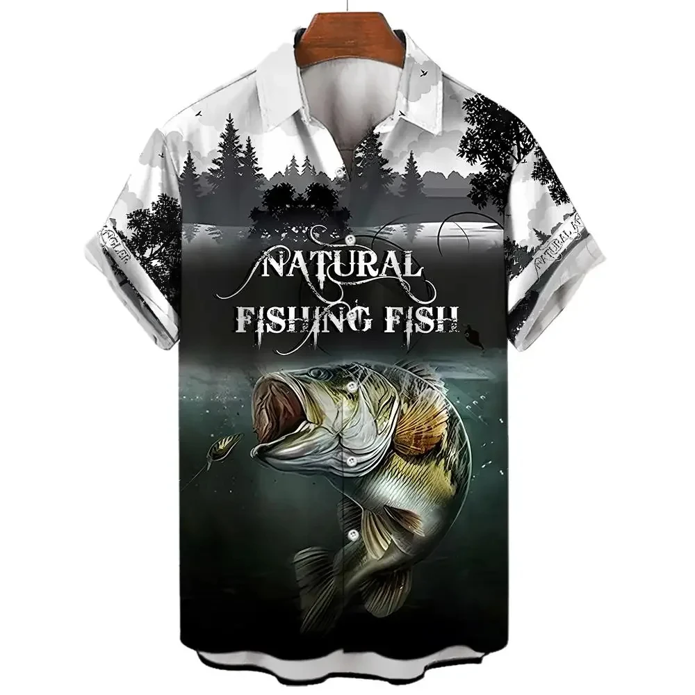 Camisa havaiana masculina estampada para pesca 3D, manga curta casual, camisas grandes e soltas, tops de rua diários, roupas unissex, verão