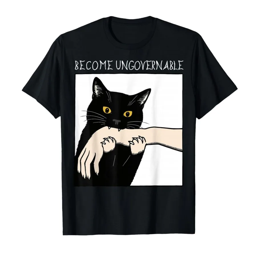 

Become Ungovernable - футболка Black Cat Biting Hand с забавным мемом для мужчин и женщин, футболки из 100% хлопка, топы с короткими рукавами