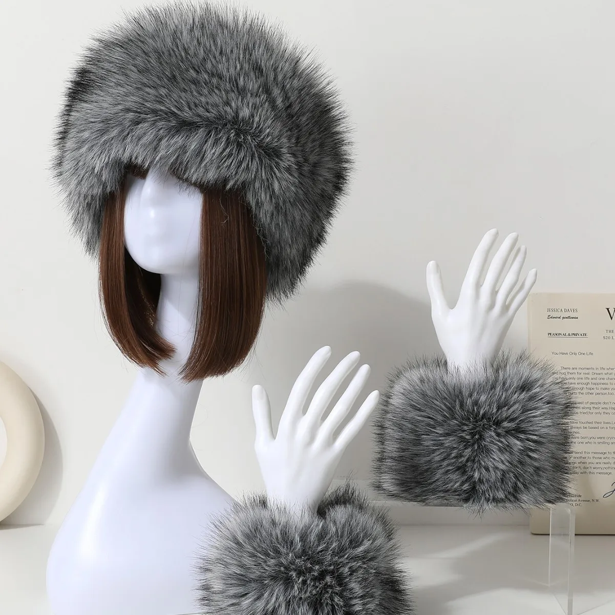 

Осенне-зимняя шапка с имитацией выдры и кроличьей шерсти, женский комплект с рукавами из двух предметов, теплое кольцо на запястье, кольцо на руку