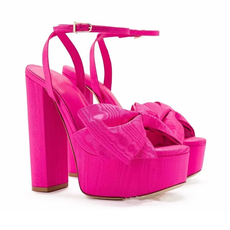 

Bow Tie Catwalk Fabric High Heels Open Toe Large Size Thick Heel Sandals Platform Buckle Super Sexy Women Shoes Sandalias Mujer