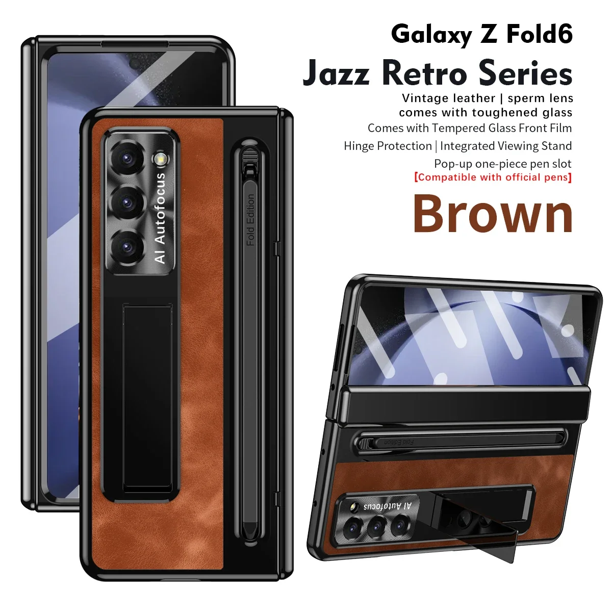 

For Samsung Galaxy Z Fold 6 5 4 5G Case Vintage Leather Bracket With Pen Slot Folding Hinge Tempered Film Shockproof Hard Cover