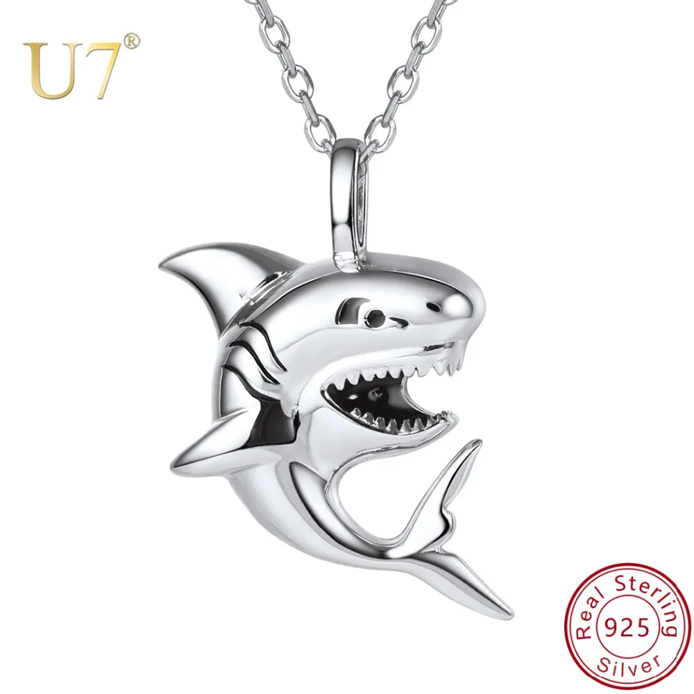 

U7 925 Sterling Silver Shark Necklace Powerfull Sea Animal Pendant 18inches O-Chain Unisex Jewelry Men Women