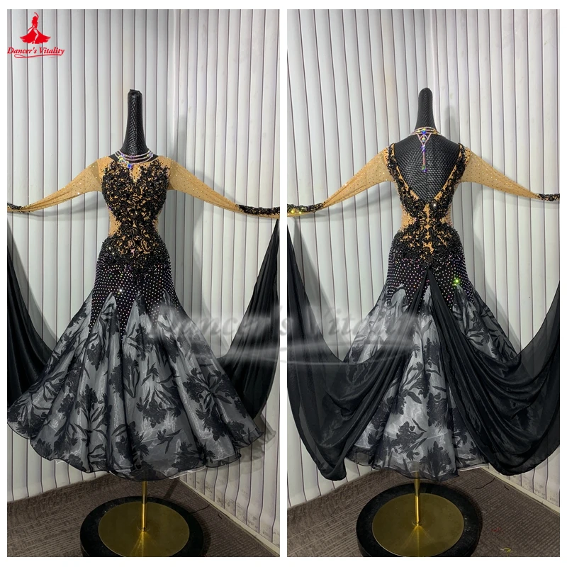 

Взрослые платья для социальных танцев с V-образной спинкой и длинными рукавами, вальс Фокстрот, танго, квикстеп, одежда для соревнований, высококачественная настройка