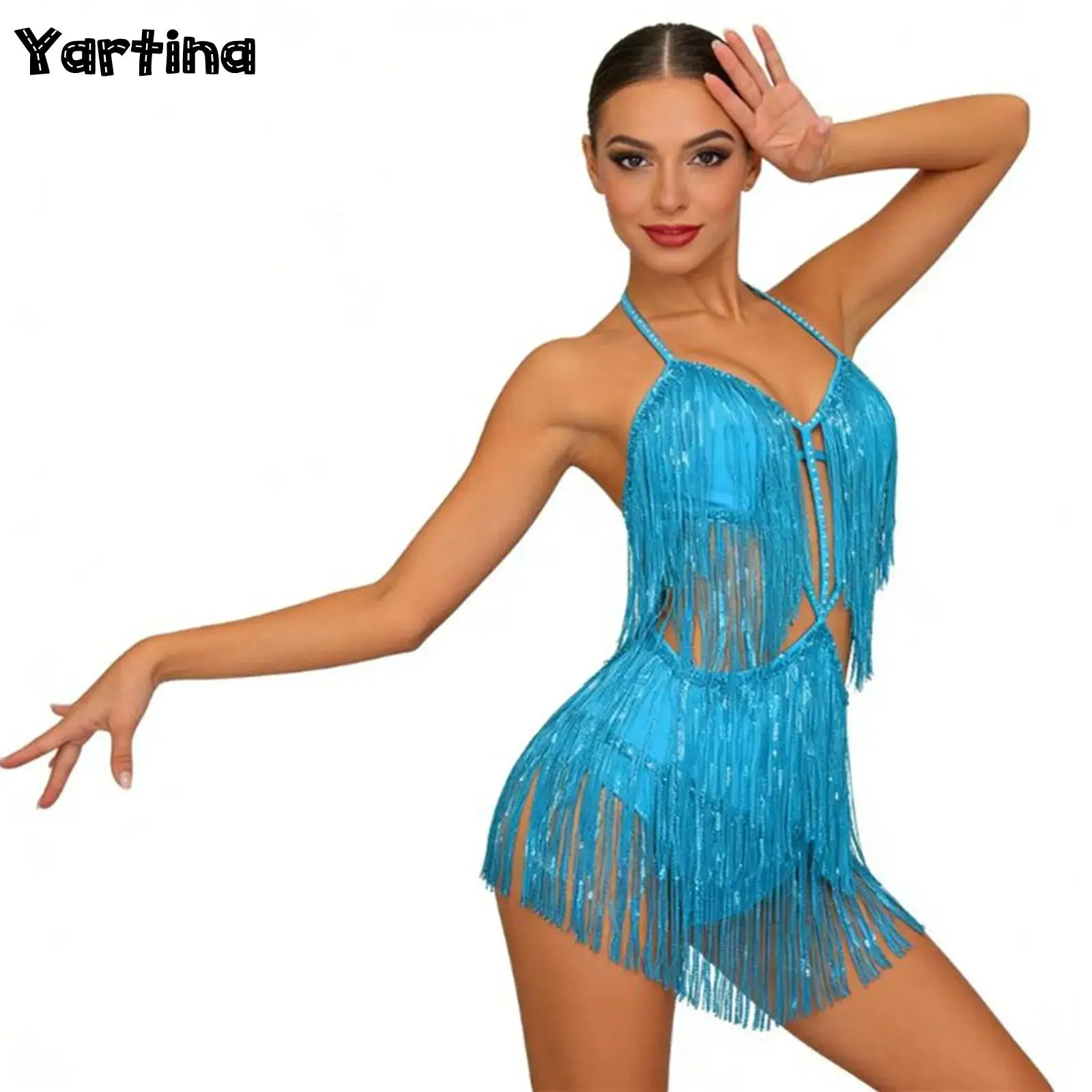 Womens Latin Belly Dance Performance Costume Fringed Bodysuit Sequin Tassels Hollow Out Buttoned Crotch Backless Shiny Jumpsuit