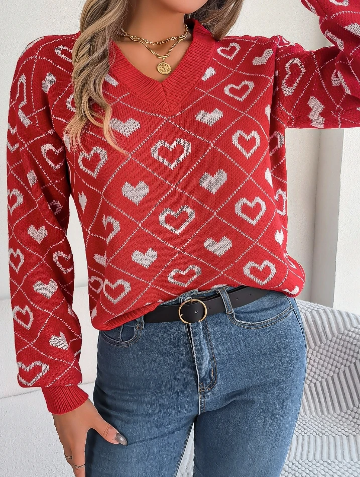 Korean women's sweater heart-shaped loose knit V-neck long sleeved women's pullover street fashion women's casual knit sweater