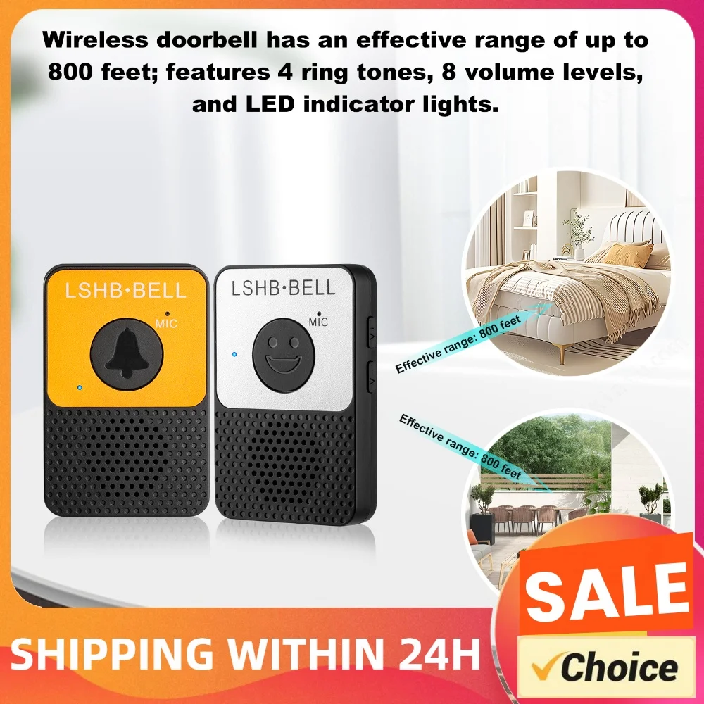 Hands Free Wireless Doorbell Intercom 8 Level Volume & LED Flash 2-Way Wireless Intercom Doorbell System for House Office