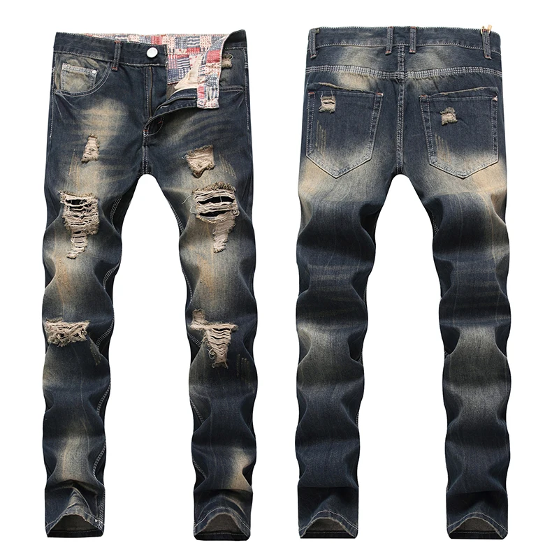 

Men's Patchwork Denim Jeans Hole Ruined Hollow Brand New Plus Size High Quality Fashion Ripped Pants Dropship High Quality