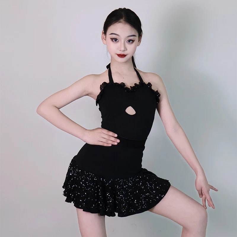 

Детская одежда для выступлений в латиноамериканских танцах, черное платье с блестками для девочек, костюм без рукавов, платье для соревнований по танцам ча-ча-румба DNV26647