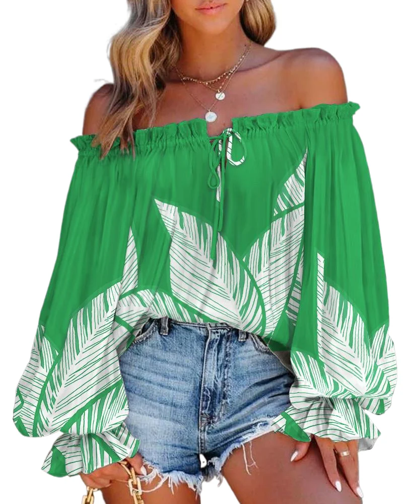 

Trendy Print One Shoulder Shirts Women Off Shoulder Leace-up Flared Long Sleeve Blouses Fashion Lady Spring New Commuting Shirt